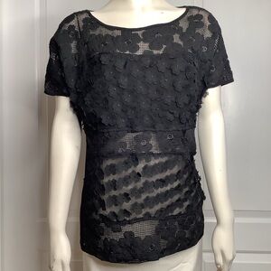 LEO & Ugo Parisian Black Sheer Mesh 3D Floral Appliqués Embroidered Short Sleeve